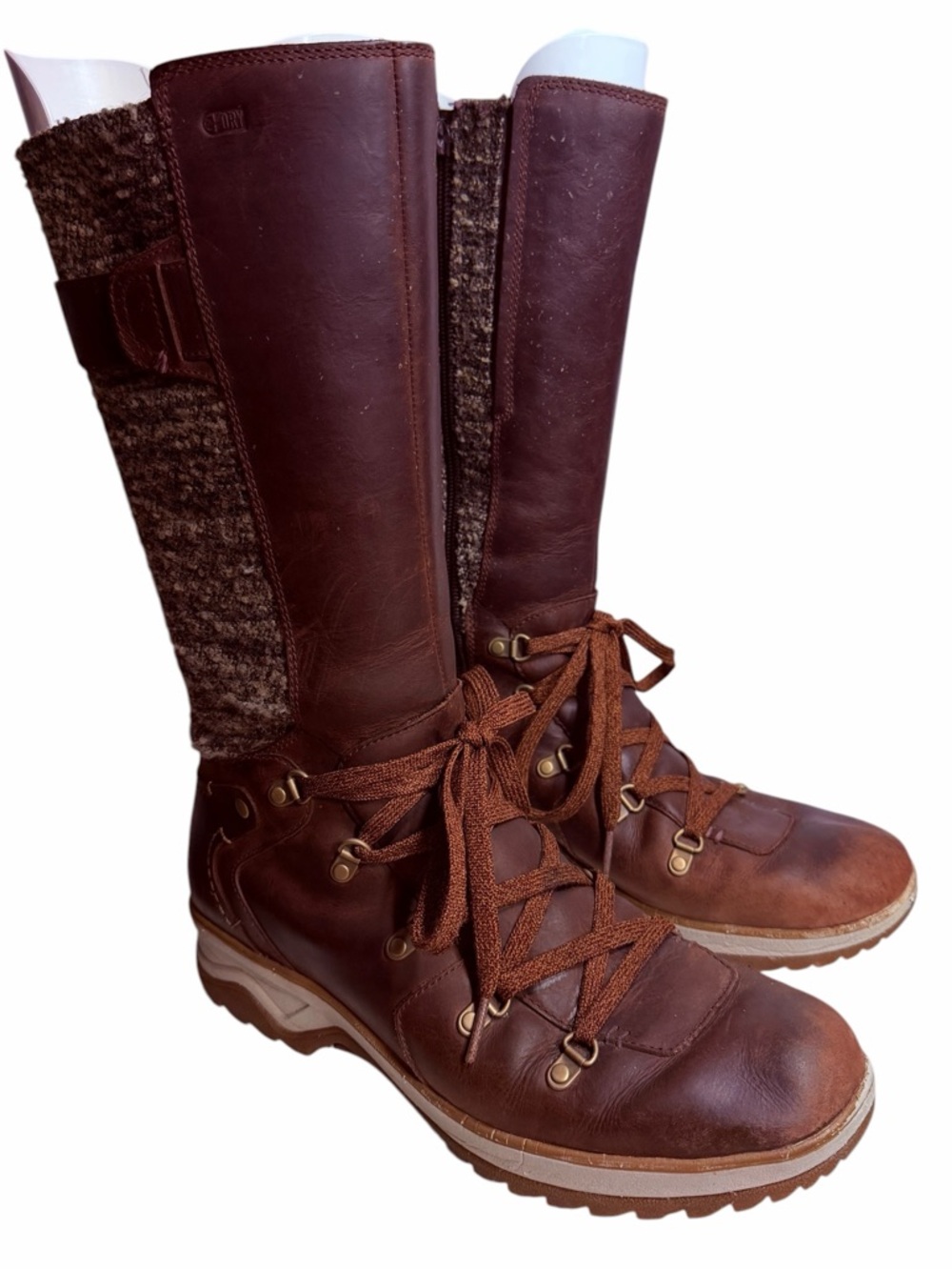 Merrell Women's Rust Brown Lace-Up Tall Leather Boots with Knit Shaft - Size 9.5